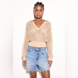 Spiritual Gangster Mona Crochet Knit Crop Sweater Top Collared Tan Cotton Sz M